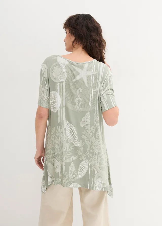 T-shirt long en viscose extensible, Couleur: gris vert/blanc