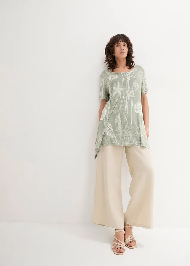 T-shirt long en viscose extensible, Couleur: gris vert/blanc