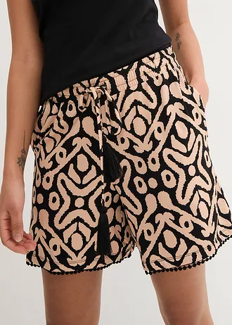 Pantaloni scurți de jerse din mix moale cu viscoză • negru/bej soft cu imprimeu • magazin bonprix
