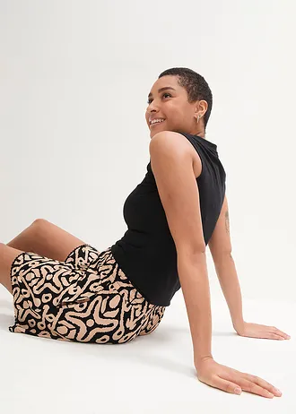 Pantaloni scurți de jerse din mix moale cu viscoză • negru/bej soft cu imprimeu • magazin bonprix