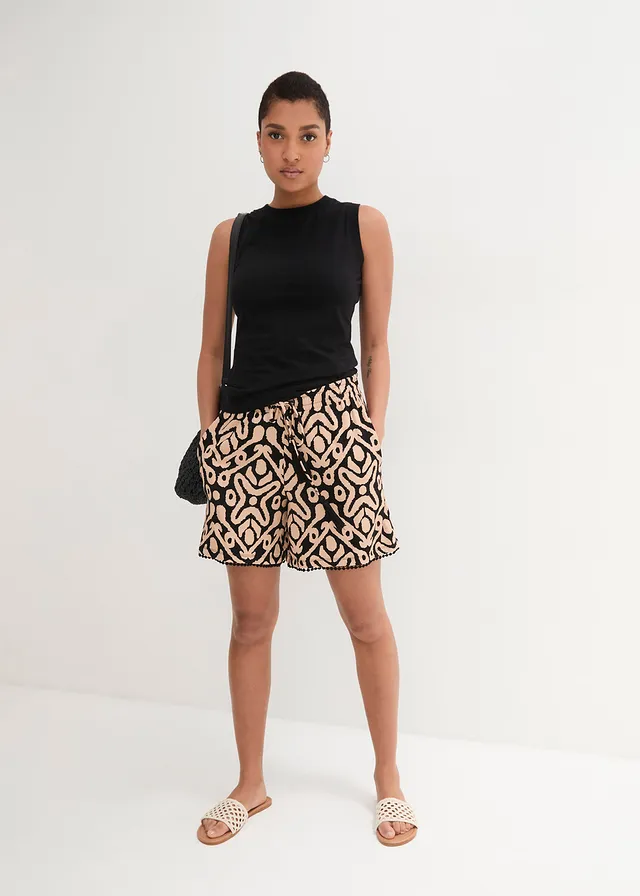 Jersey short van soepele viscose, Kleur: zwart-soft beige