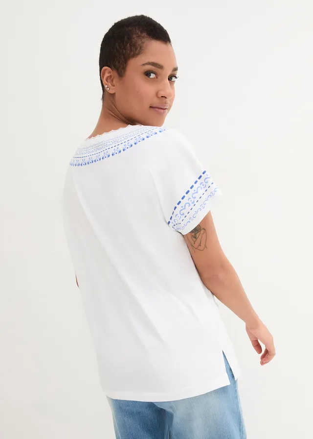 Comfortabel T-shirt met printed borduursel en biologisch katoen, Kleur: wit met print