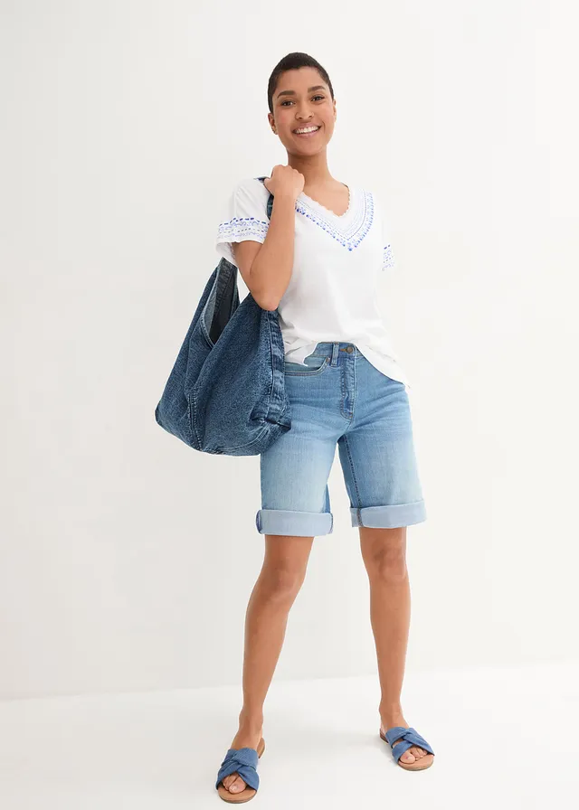 T-shirt coton ample avec imprimé brodé, Couleur: blanc imprimé