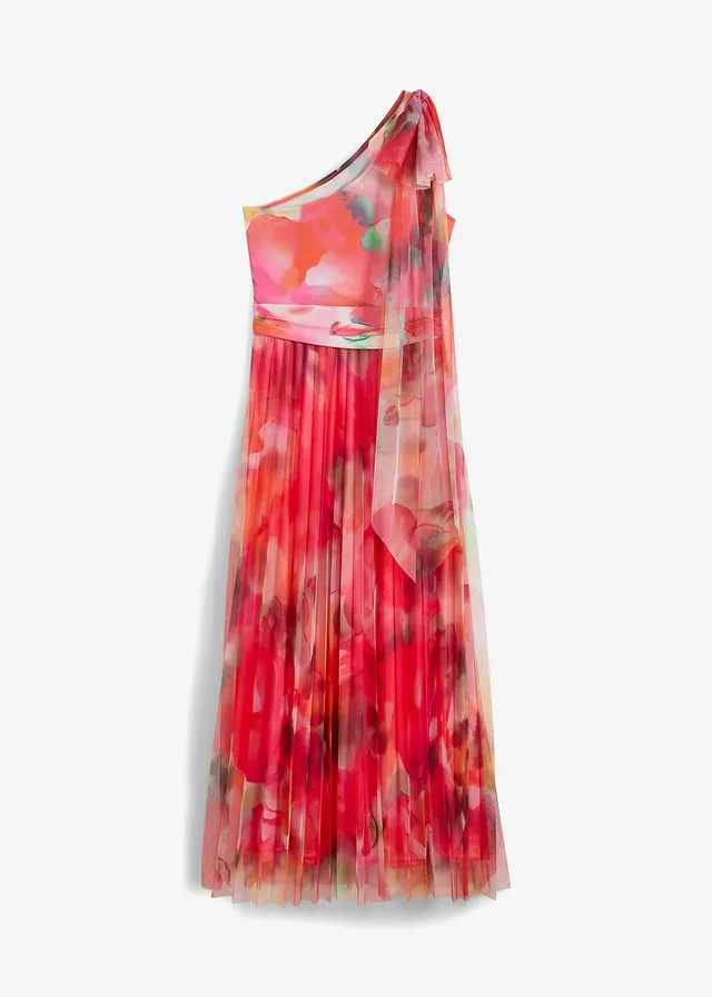 Robe une épaule avec une jupe plissée en tulle, Couleur: magenta/vert
