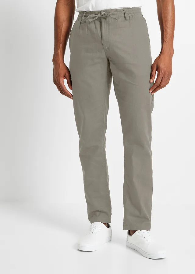 Regular fit chino met linnen, straight, Kleur: rookolijfgroen