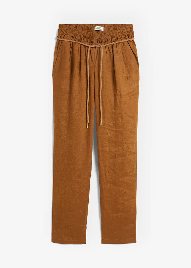 Pantaloni cu elastic și șiret în talie din in 100%