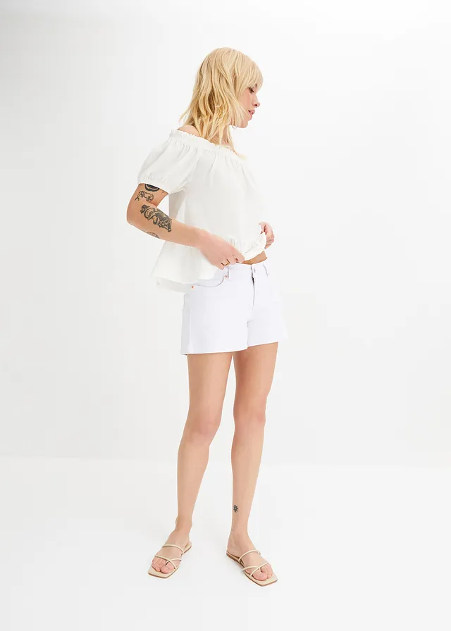 Stretch jeans short, mid waist, Kleur: wit twill used