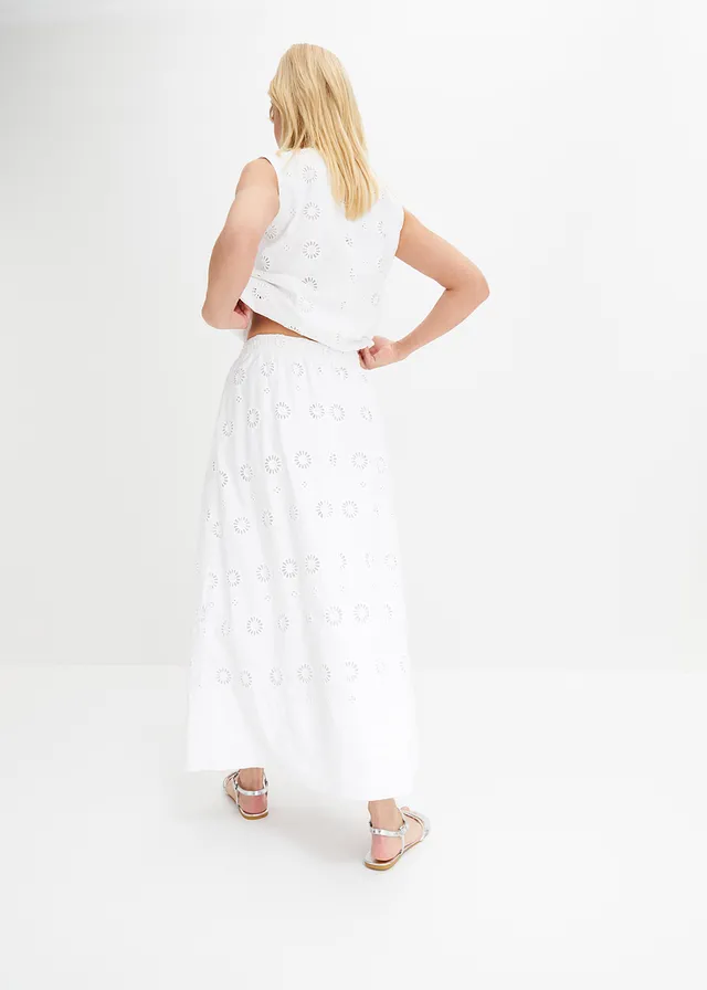 Jupe longue en coton avec broderie anglaise, Couleur: blanc