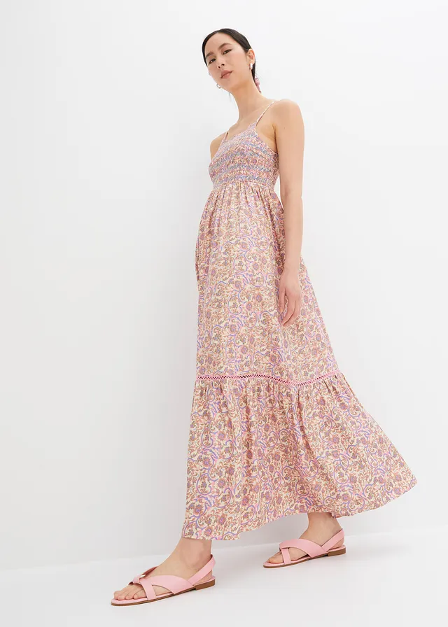 Robe longue smockée, Couleur: beige-rose vif-bleu ciel-camel