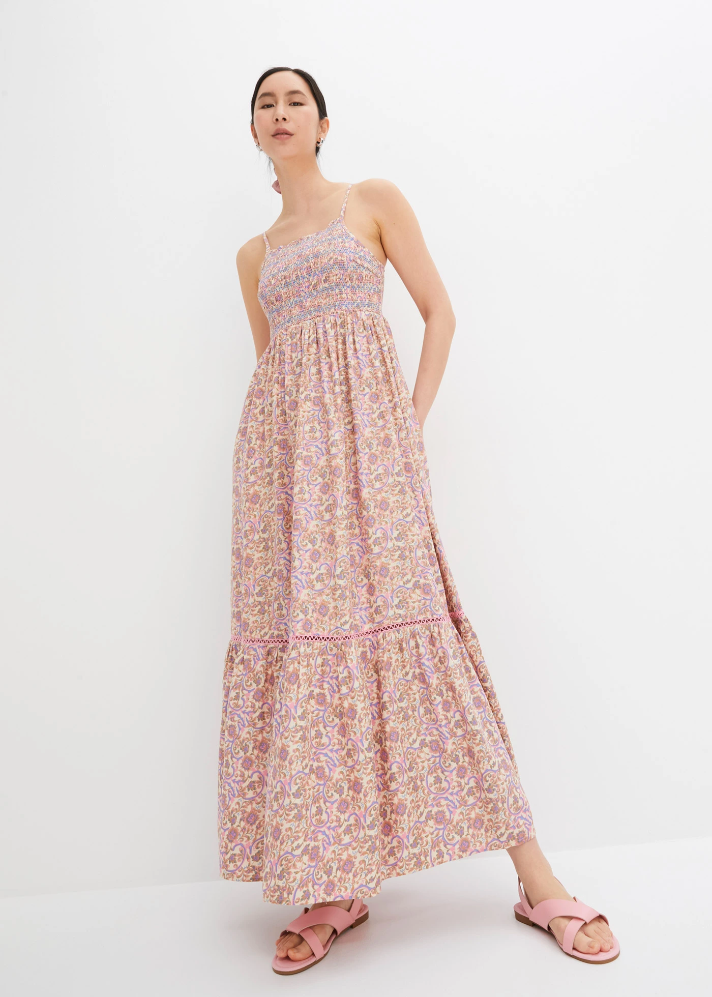 Maxi šaty s riasením • béžová/sýta ružová/nebeská modrá/ťavia • obchod bonprix