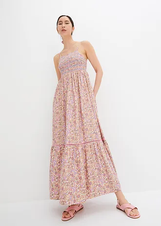 Maxi jurk met smokwerk, Kleur: beige-knalroze-hemelblauw-camel gedessineerd