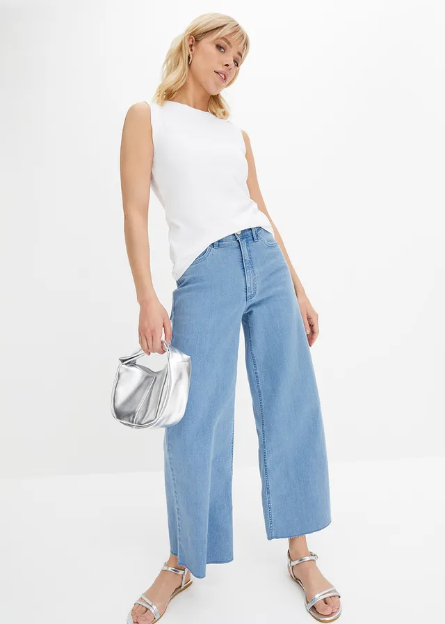 Jean large, taille haute, raccourci, Couleur: denim bleu clair used