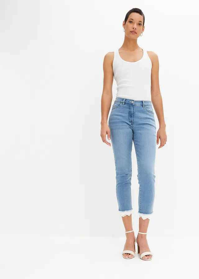 Jean extensible avec bordure en bas de jambe, Couleur: bleu denim