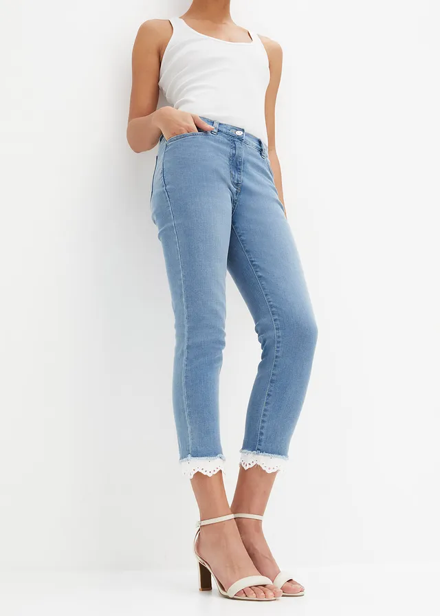 Jean extensible avec bordure en bas de jambe, Couleur: bleu denim