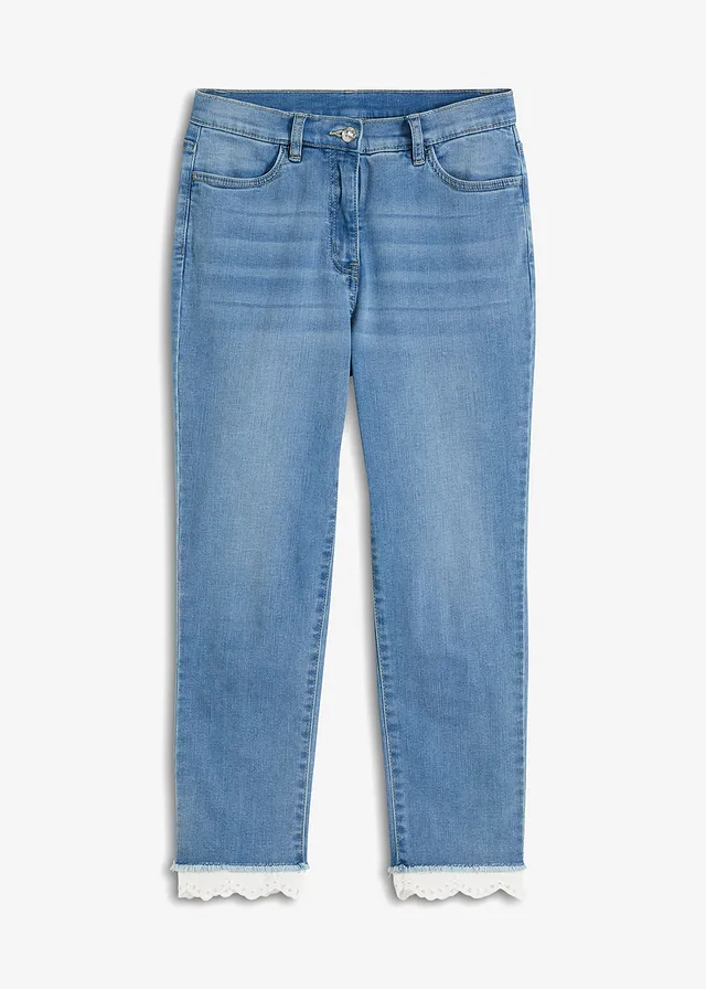 Jean extensible avec bordure en bas de jambe, Couleur: bleu denim