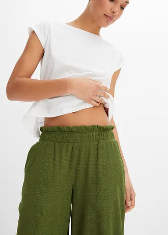Jersey-crêpe broek met hoge band • donkermosgroen • bonprix online shop