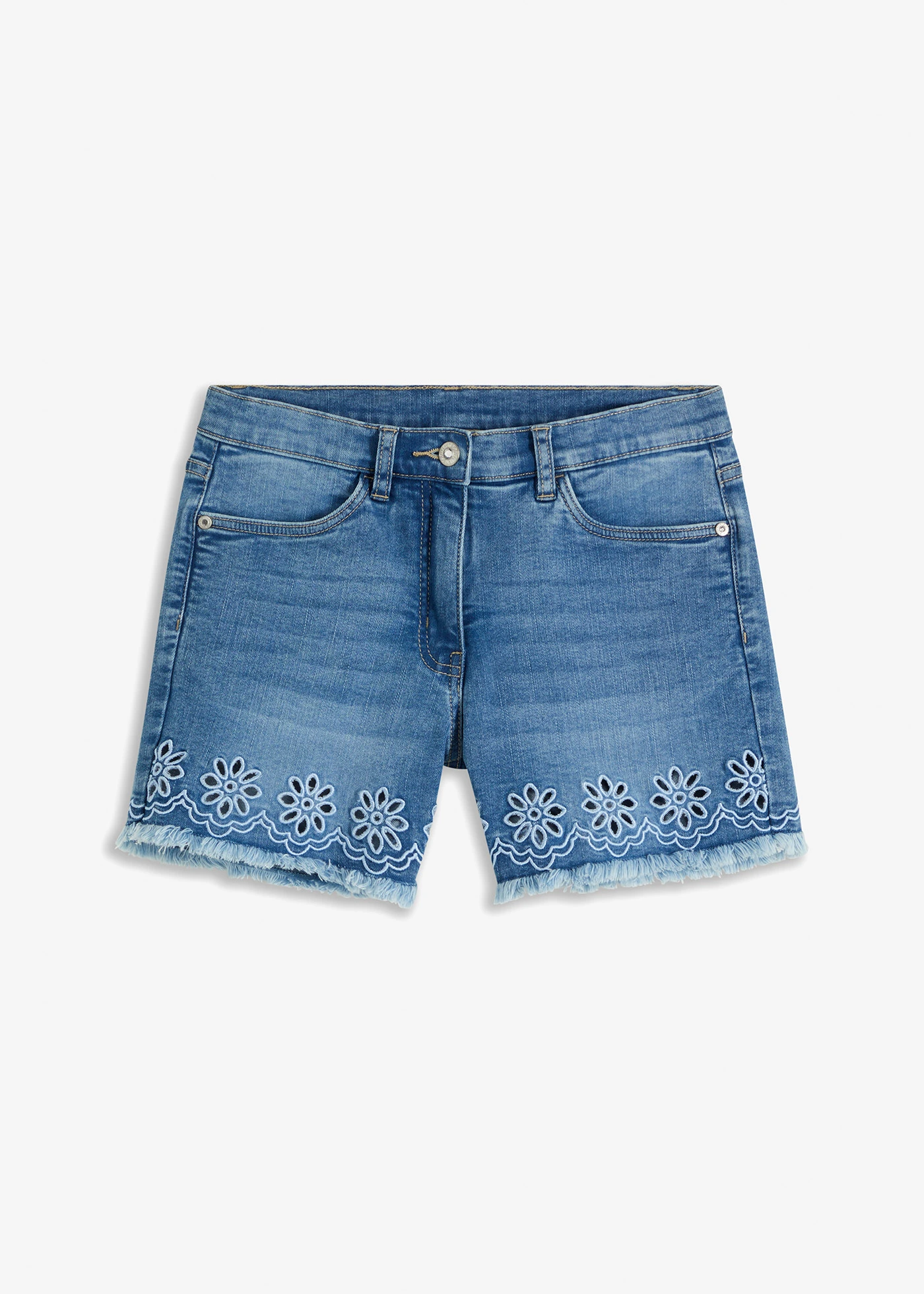 Jeans short met broderie anglaise • blauw denim • bonprix online shop