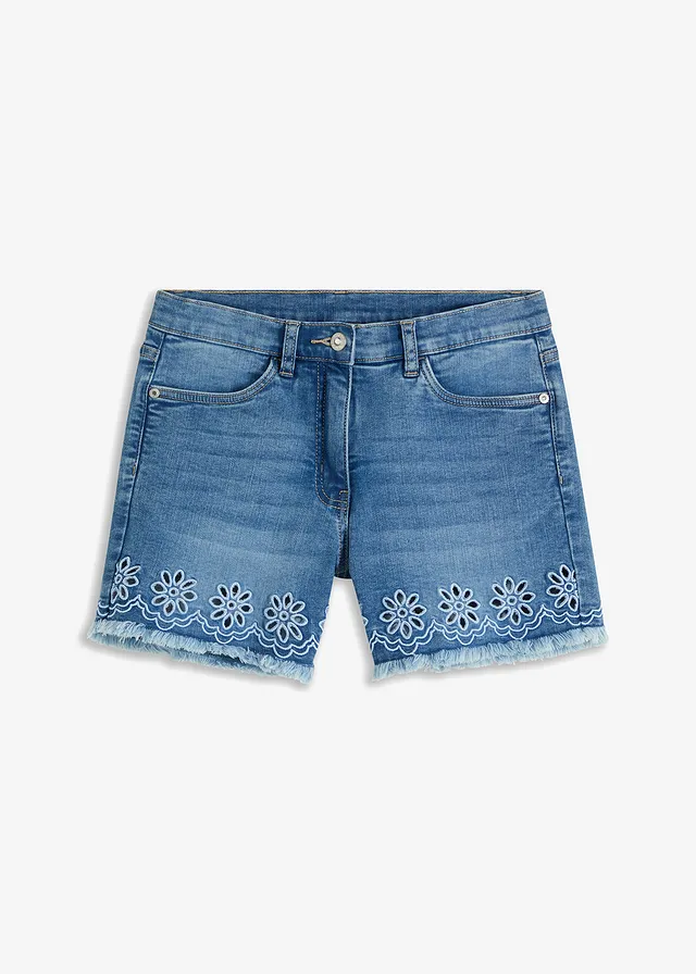 Jeans short met broderie anglaise, Kleur: blauw denim