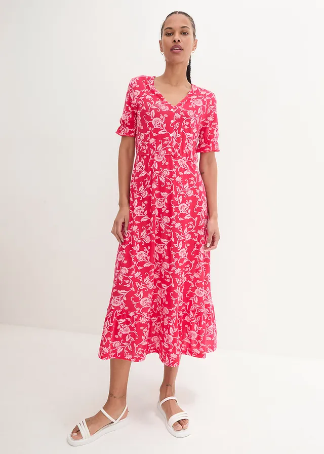 Jersey jurk van soepele viscose • granaatrood-parelroze gebloemd • bonprix online shop