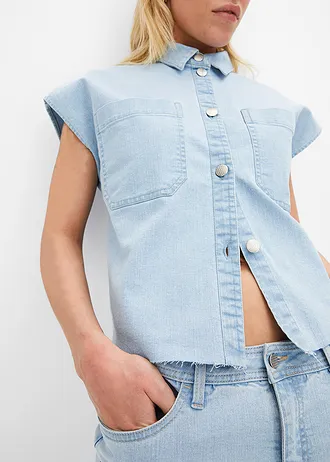 Korte boxy spijkerblouse • ijsblauw denim used • bonprix online shop