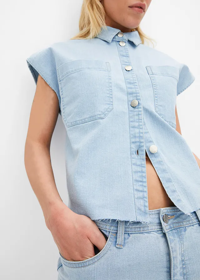 Chemisier en jean court et boxy • bleu glacier denim used • product-page.page-title-suffix