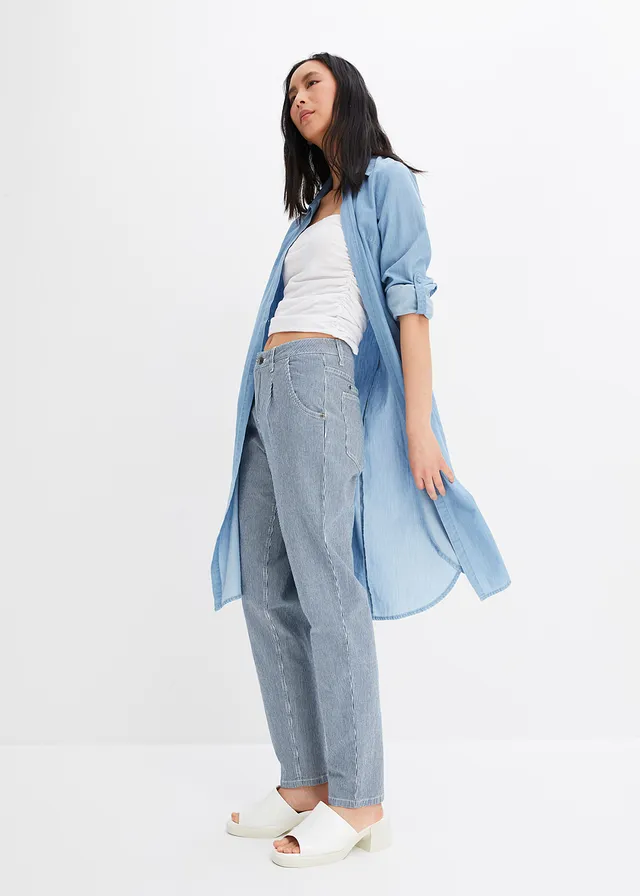 Jean barrel, taille mi-haute, rayé, Couleur: bleu stone/blanc denim rayé