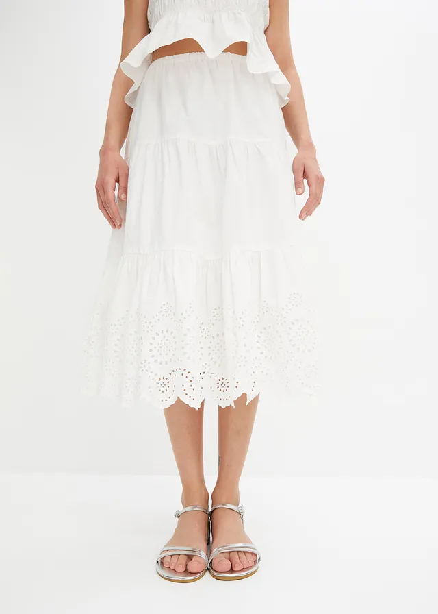 Strokenrok met broderie anglaise, Kleur: wit