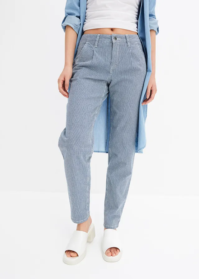 Jean barrel, taille mi-haute, rayé, Couleur: bleu stone/blanc denim rayé