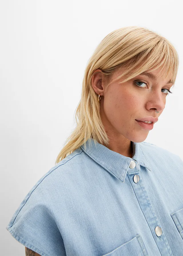 Chemisier en jean court et boxy • bleu glacier denim used • product-page.page-title-suffix