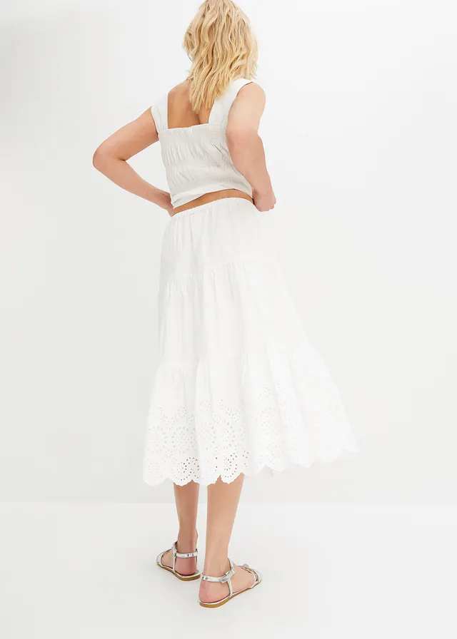 Strokenrok met broderie anglaise, Kleur: wit