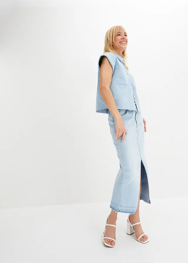Midi spijkerrok met split, Kleur: ijsblauw denim