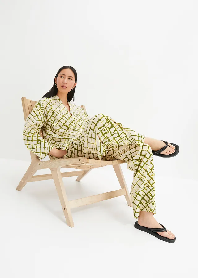 Pantalon ample avec imprimé, Couleur: vert mousse foncé-écru imprimé