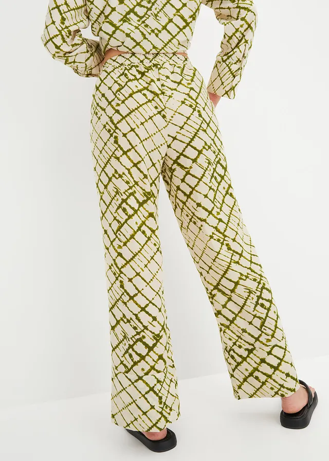 Pantalon ample avec imprimé, Couleur: vert mousse foncé-écru imprimé