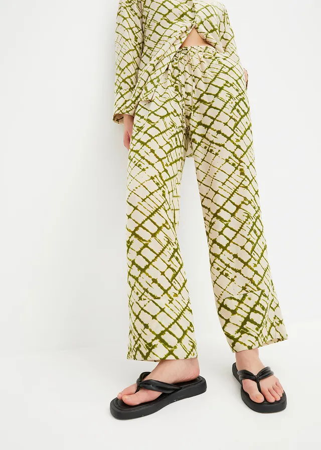 Pantalon ample avec imprimé, Couleur: vert mousse foncé-écru imprimé