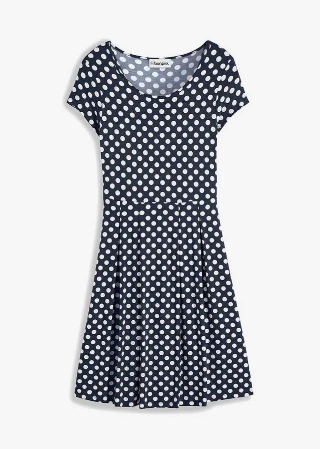 Robe en jersey viscose • bleu foncé pois écru • Boutique bonprix