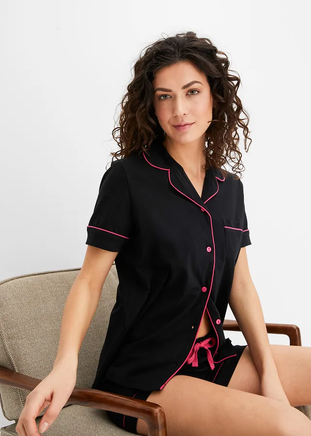 Pijama scurtă cu nasturi, culoare: negru