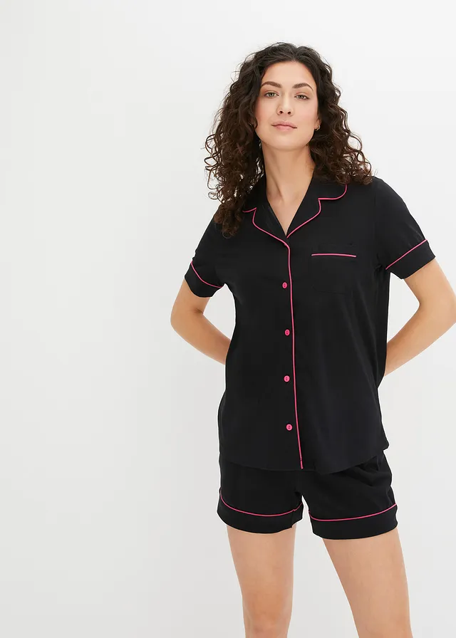Shortama met knoopsluiting (2-dlg. set), Kleur: zwart