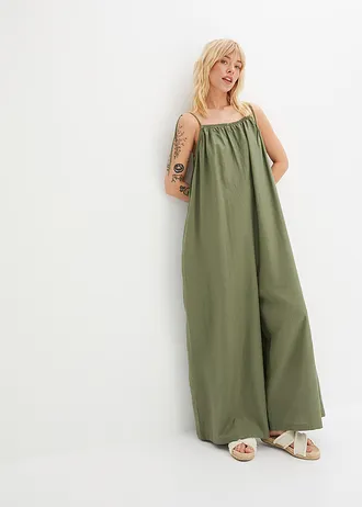 Jumpsuit met linnen, Kleur: olijfgroen