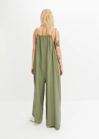 Jumpsuit met linnen, Kleur: olijfgroen