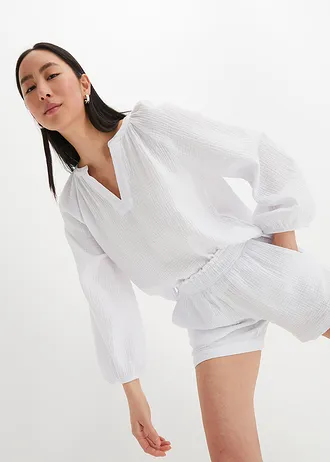 Oversized blouse van mousseline, Kleur: wit