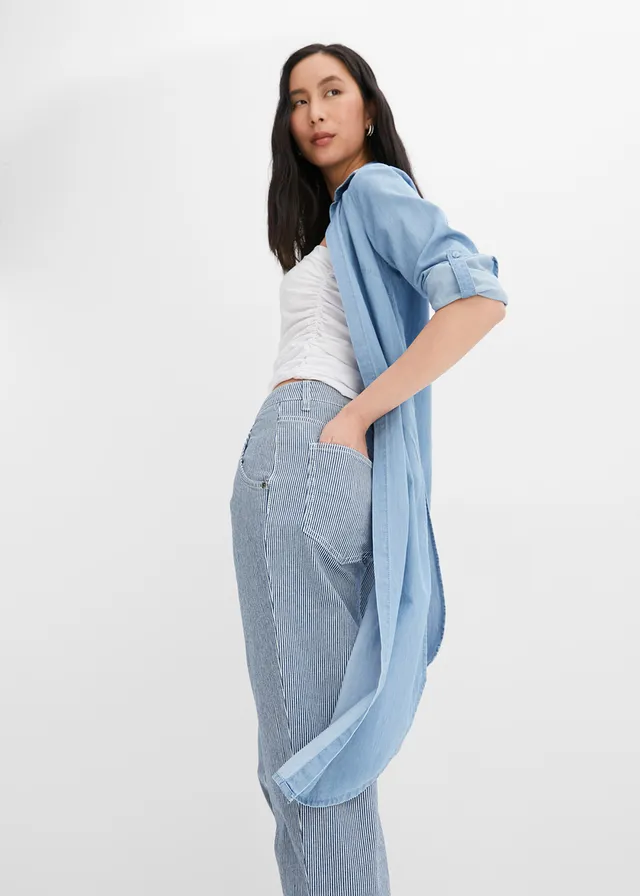 Barrel jeans met strepen, mid waist • blue stone-wit denim gestreept • product-page.page-title-suffix