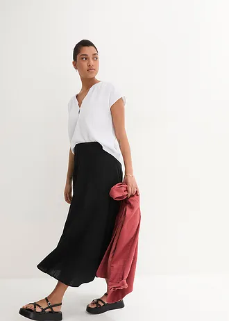 Midirok van een soepele linnenmix, Kleur: zwart