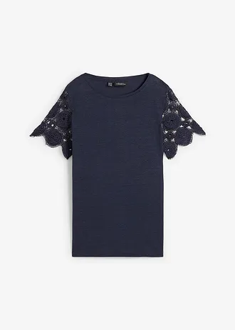 Shirt van puur linnen met gehaakte mouwen • donkerblauw • bonprix online shop