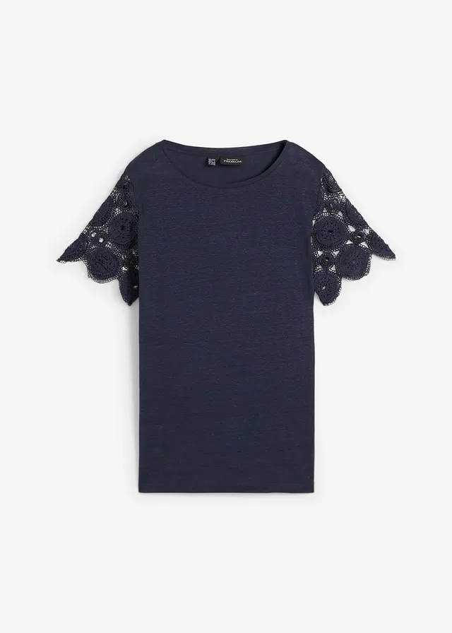 Shirt van puur linnen met gehaakte mouwen • donkerblauw • bonprix online shop