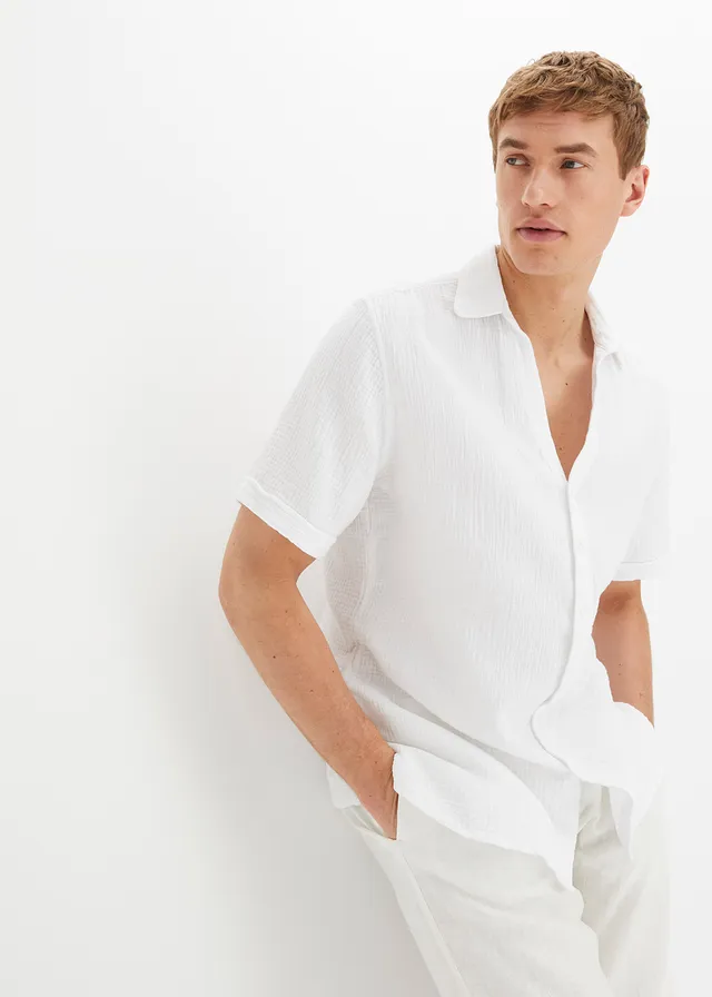 Mousseline overhemd met korte mouwen, Kleur: wit