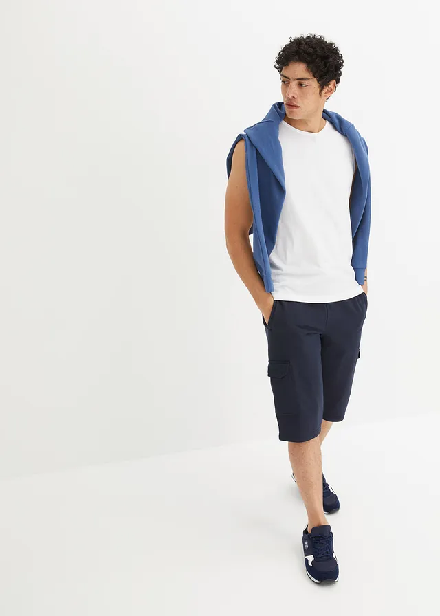Bermuda cargo en sweat 100% coton, Couleur: bleu foncé