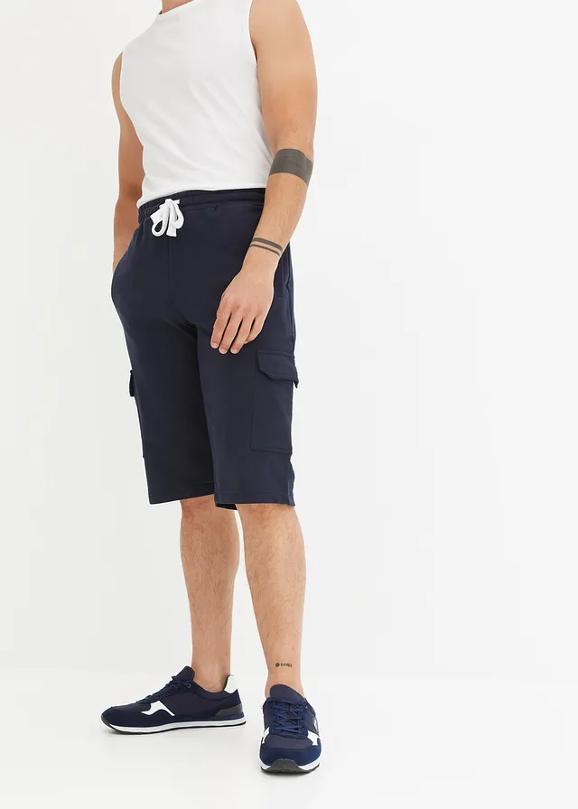 Bermuda cargo en sweat 100% coton, Couleur: bleu foncé