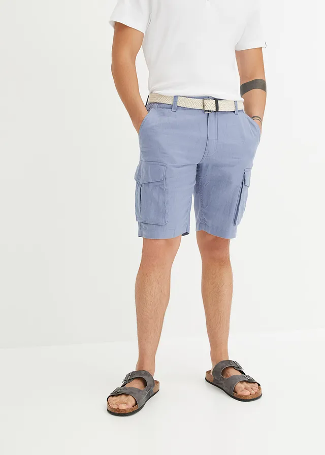 Cargo bermuda met linnen en riem, regular fit, Kleur: mat blauw