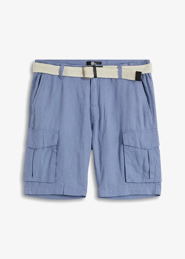 Bermuda cargo avec lin et ceinture, Regular, Couleur: bleu mat