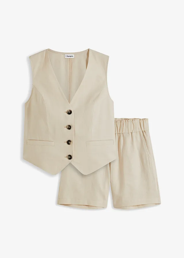 Gilet en short in een linnenmix, Kleur: sandbeige